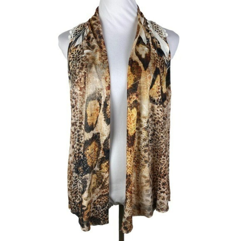 B.L.E.U. Animal Print Open‎ Cardigan Lace Upper Back Women's XL Brown Rhinestone